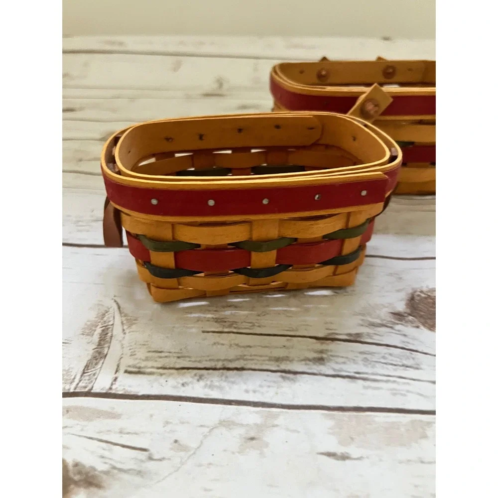VTG Longaberger Handwoven Baskets Red Green Handles Set of 2